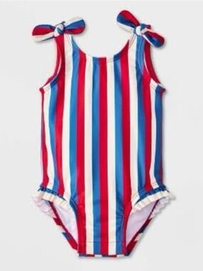 3-6 Month Striped Red, Blue & White Tie-Shoulder One-Piece Swimsuit
